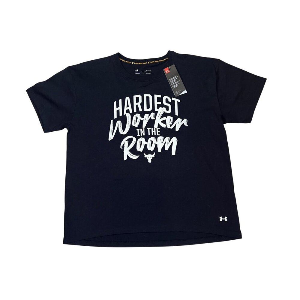 Project Rock Womens Black Top LG Loose Fit Blood Sweat Respect Under Armour 1874
